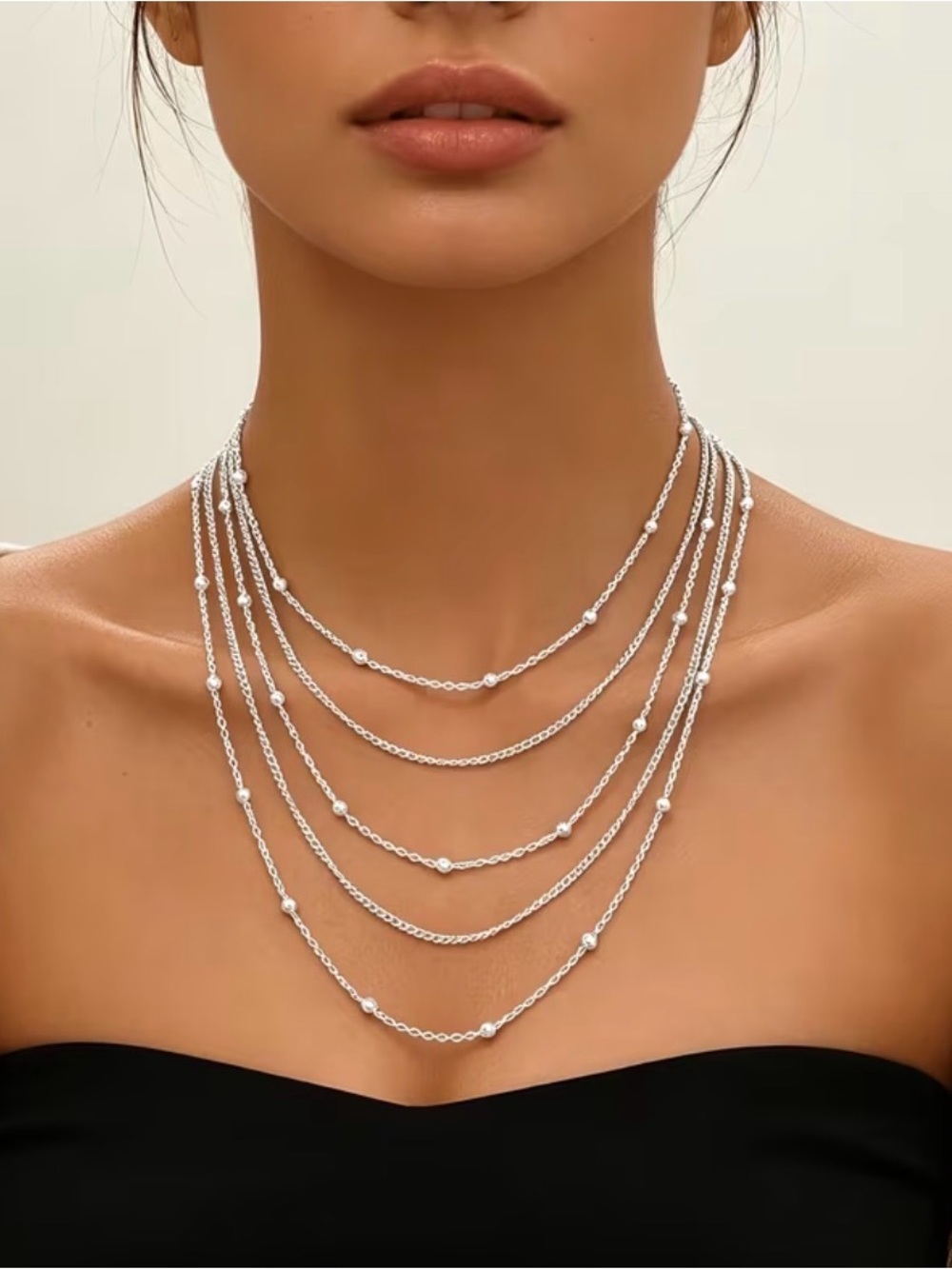 Multi-Strand Silver Beaded Layered Necklace